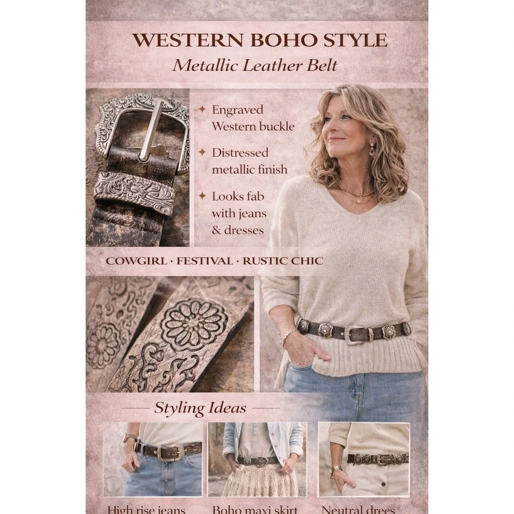 Western Boho Metallic Leather Belt Distressed Floral Engraved Buckle Silver Tone